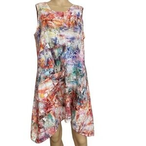 Niche Art Print Women's L Dress 100% Linen Tunic Lagen Look Asymetric Hem